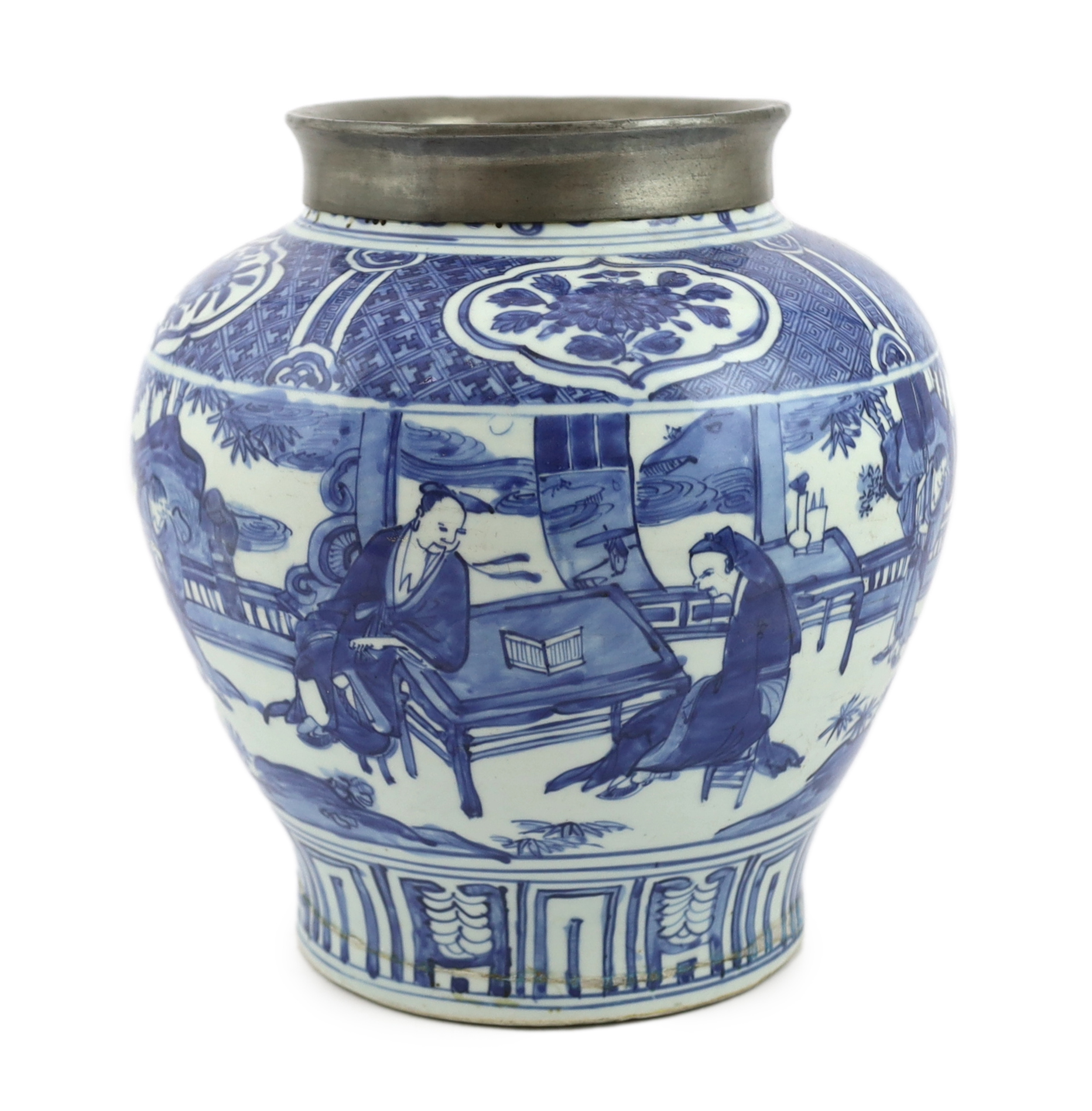 A Chinese Ming blue and white ‘scholars’ jar, guan, Wanli period (1572-1620), broken around base and restuck